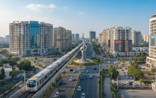 Modern high-rise residential towers near Greater Noida Pari Chowk Metro station, showing a ready-to-move flat perspective.