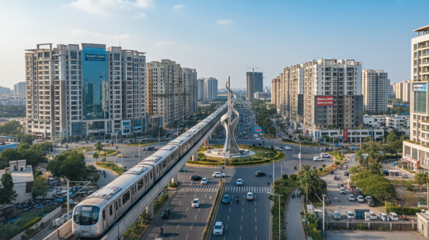 Modern high-rise residential towers near Greater Noida Pari Chowk Metro station, showing a ready-to-move flat perspective.