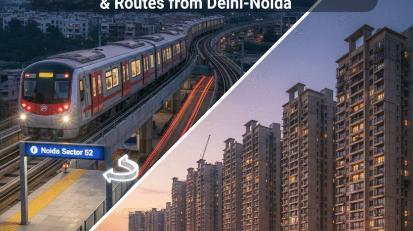 Gaur City 2 Metro connectivity: A split image showing the Noida Sector 52 Metro Station on the Blue Line (with a metro train) and modern residential towers of Gaur City 2 in Greater Noida West with night traffic. This image illustrates how to reach Gaur City 2 from Delhi and Noida, highlighting the nearest Metro station to Gaur City 2 and its excellent transport links. It visually guides you on how to reach Gaur City 2.