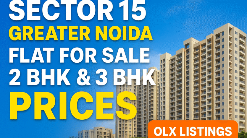 Image of modern residential towers in Sector 15 Greater Noida West with an overlay graphic showing sale prices: 2 BHK flats (₹45-70 Lakhs) and 3 BHK flats (₹65 Lakhs - ₹1.2 Crore). This visual confirms the latest property rates for a flat for sale