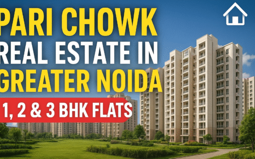 Pari Chowk real estate guide featuring modern apartment buildings, an elevated Greater Noida metro train, and a price list for 1 BHK, 2 BHK (₹40-80 Lakhs), and 3 BHK flats (₹75 Lakhs - ₹1.5 Crore plus) for sale and investment.