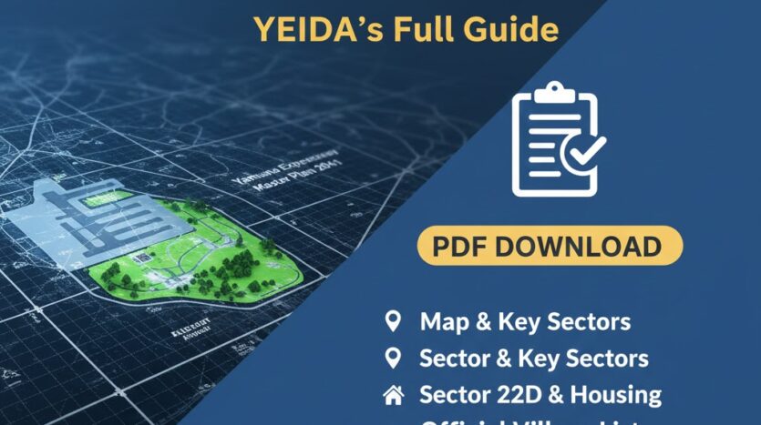 Detailed Yamuna Expressway Master Plan 2041 Map highlighting the Aerotropolis zone near Jewar Airport, the residential location of Sector 22D, and key Phase 2 development areas approved by YEIDA.