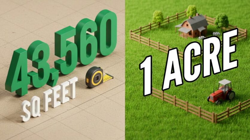 Table showing 1 acre to Bigha conversion across different Indian states and 1 acre sq ft in India.