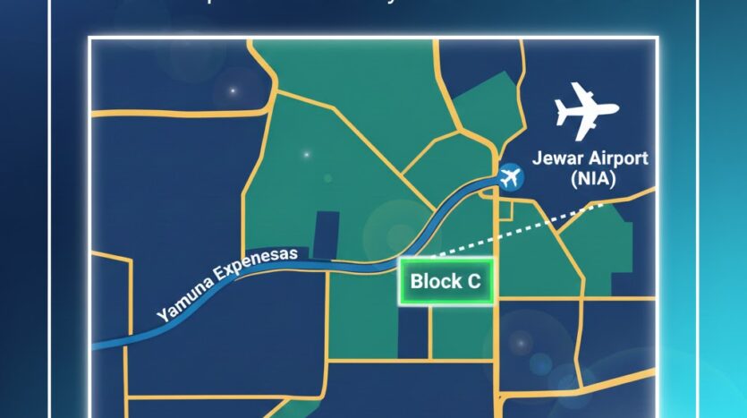 Map illustration of YEIDA Sector 22D showing the Yamuna Expressway, the location of Block C, and the proximity/connectivity to the Jewar Airport (Noida International Airport).