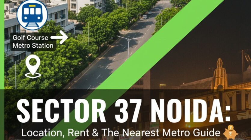 Dual-view thumbnail of Sector 37 Noida, showing the green Arun Vihar residential location and the lively night market with a nearest metro icon pointing to Golf Course.