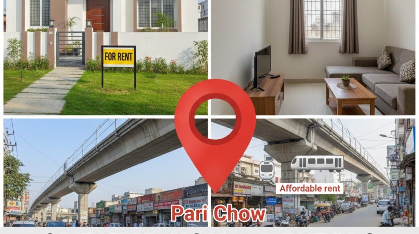 Aerial view of the wide, planned roads and elevated Aqua Line metro track near Pari Chowk in Greater Noida, symbolizing the city's modern infrastructure and planned growth.