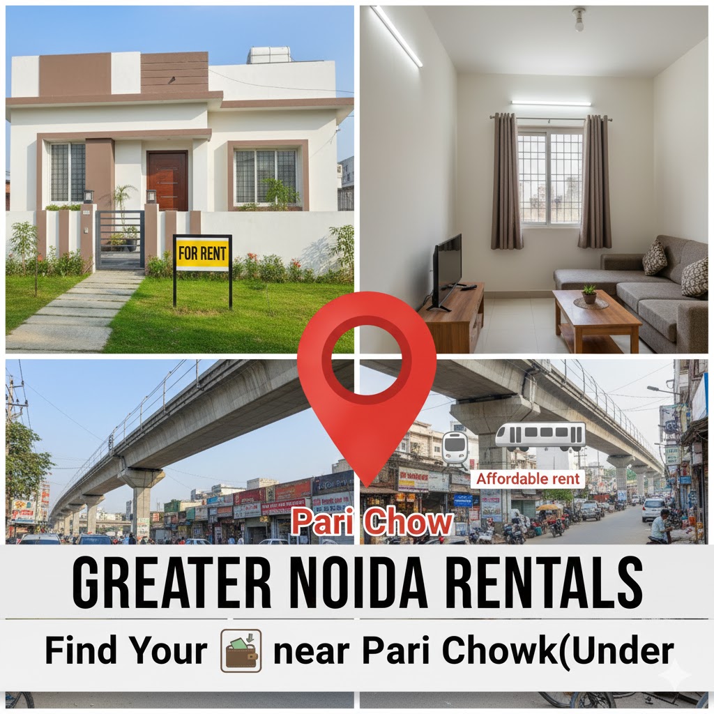 Aerial view of the wide, planned roads and elevated Aqua Line metro track near Pari Chowk in Greater Noida, symbolizing the city's modern infrastructure and planned growth.