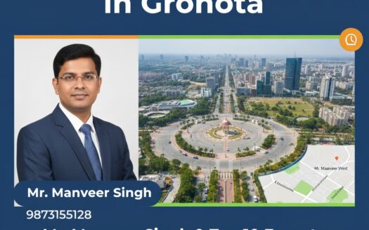 Graphic featuring Mr. Manveer Singh, the Best Property Dealer in Greater Noida, listing his contact No 9873155128, and highlighting his expertise in Pari Chowk and Greater Noida West