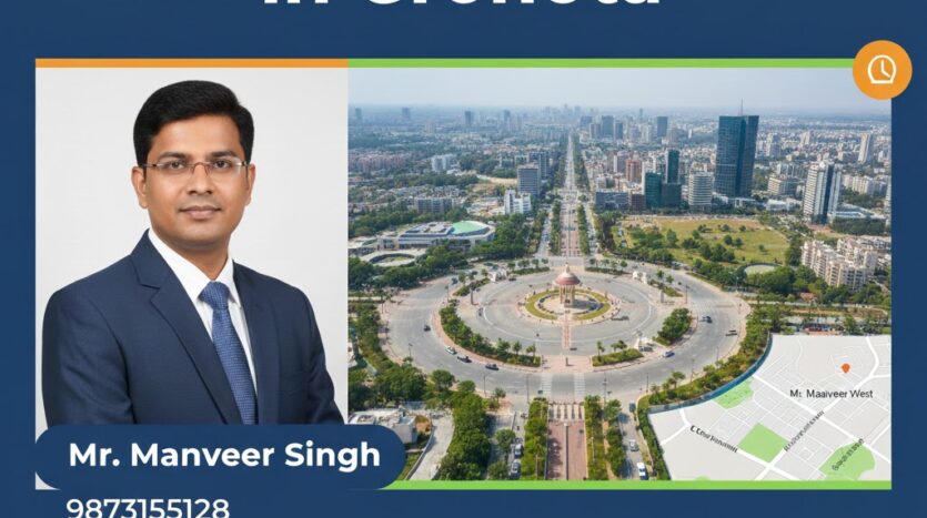 Graphic featuring Mr. Manveer Singh, the Best Property Dealer in Greater Noida, listing his contact No 9873155128, and highlighting his expertise in Pari Chowk and Greater Noida West