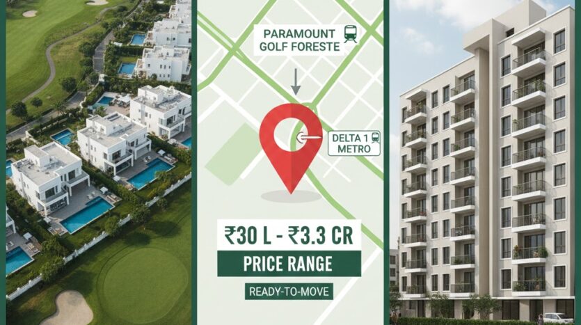 Aerial view of Paramount Golf Foreste villas and the executive golf course in Greater Noida, highlighting the luxury lifestyle and green surroundings.