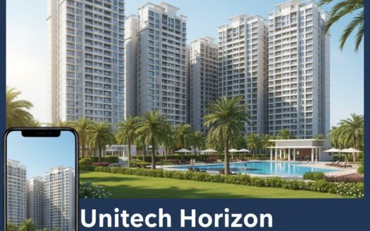 Unitech Horizon Greater Noida residential society towers and landscaped greens in Sector PI 2. View of 3 BHK flats complex with swimming pool and clubhouse.
