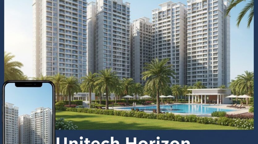 Unitech Horizon Greater Noida residential society towers and landscaped greens in Sector PI 2. View of 3 BHK flats complex with swimming pool and clubhouse.