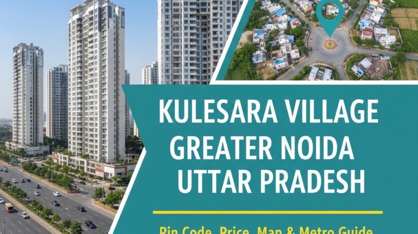 A vibrant view of the Kulesara Greater Noida residential area showcasing new high-rise apartments and local connectivity roads.