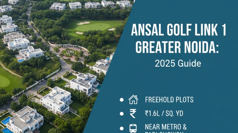 Aerial view of Ansal Golf Link 1 Greater Noida showing independent villas and proximity to Knowledge Park 2 Metro Station