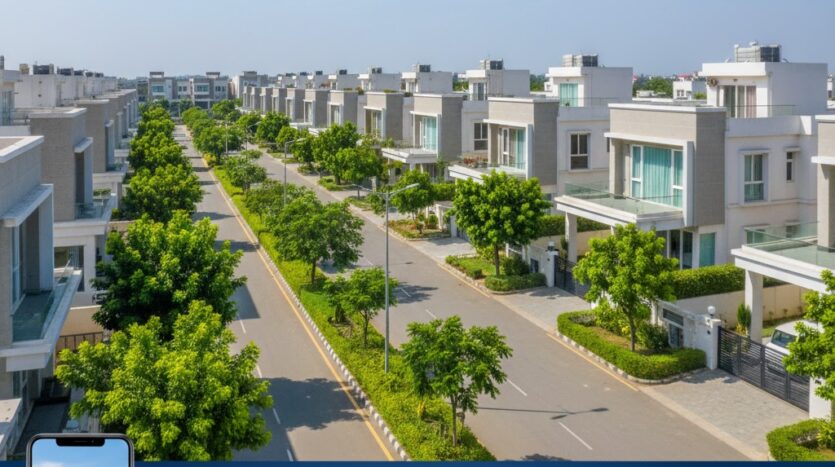 Luxurious independent house and villa row in Omicron 1A Greater Noida, showcasing a low-density residential area and a wide road. Ready-to-move property in Greater Noida.