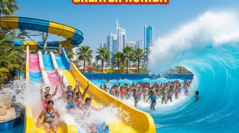 Family enjoying high-speed slides at a water park near me Greater Noida with price info