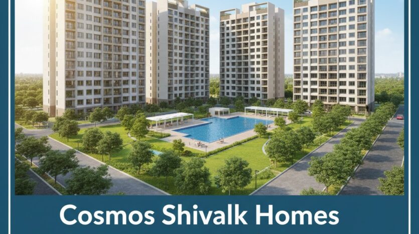 Exterior view of Cosmos Shivalik Homes Greater Noida residential towers in Surajpur. Image highlights a 2 BHK Flat for sale with affordable price and good connectivity.