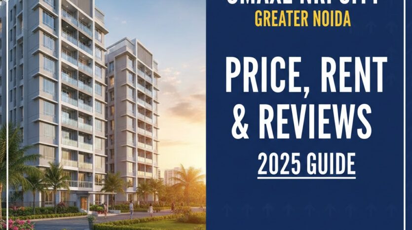 Exterior view of Omaxe NRI City Greater Noida near Pari Chowk showing luxury apartments and greenery.