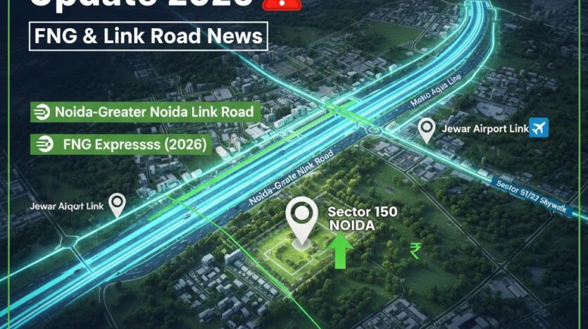 Detailed map of Noida Sector 150 connectivity 2026 showing Noida-Greater Noida Link Road, FNG Expressway, and Sector 148 Metro link