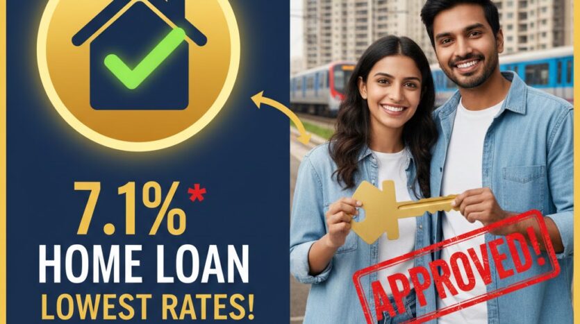 A person holding a house key in front of a modern apartment building with a bank loan approval stamp