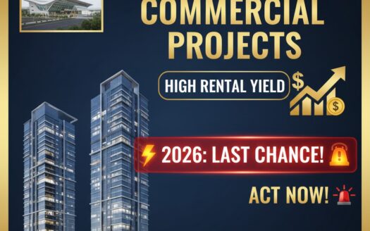 Luxury commercial real estate in Greater Noida Sector 150 featuring retail shops and glass-facade office towers with high rental potential. 🏢✨