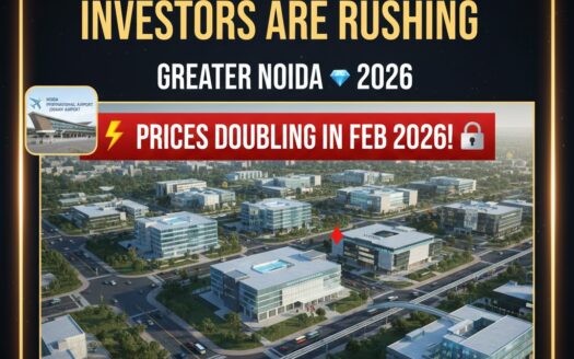 High-resolution 3D render of the International Film City in Sector 21, Yamuna Expressway, showing shooting floors and the upcoming Pod Taxi station near Jewar Airport.