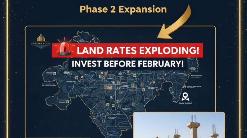 Official Greater Noida Master Plan 2041 Map showing the Phase 2 expansion, industrial zones, and the new Metro Neo route connecting to Jewar Airport.