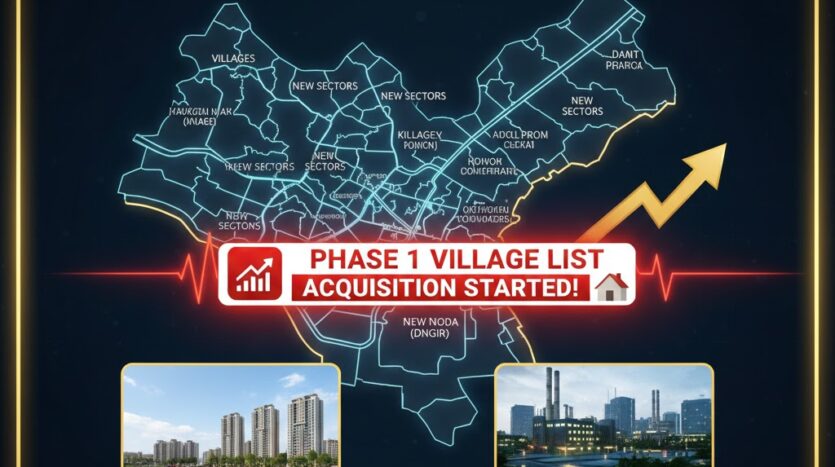 Detailed map of New Noida Master Plan 2041 showing DNGIR village list, industrial sectors, and green zones near Greater Noida.