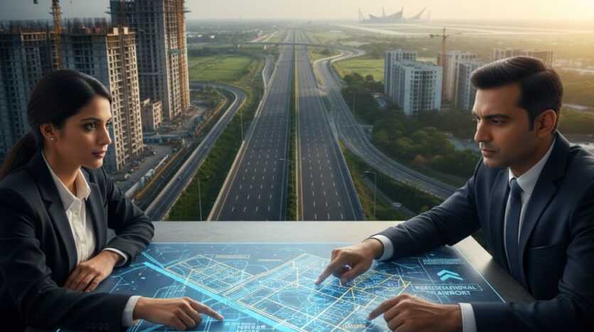 Detailed technical layout of Yamuna Expressway Sector 1 showing residential zones, 60m wide roads, and commercial pockets near Jewar Airport.