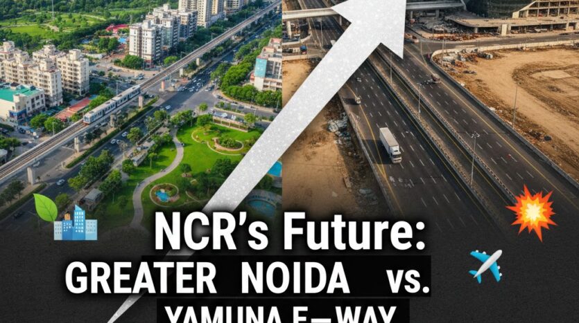 Comparison map of Greater Noida residential sectors and Yamuna Expressway industrial corridors near Jewar Airport 2026.