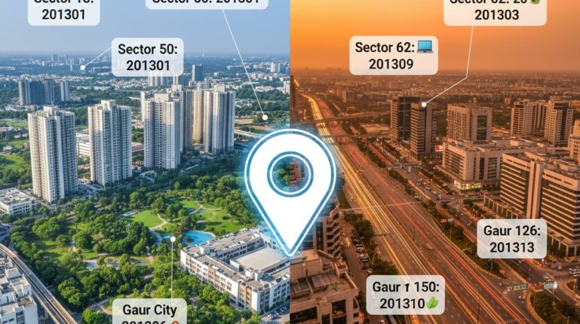Detailed map of Noida sectors with pin codes 201301, 201309, and 201310 highlighting residential and IT hubs.